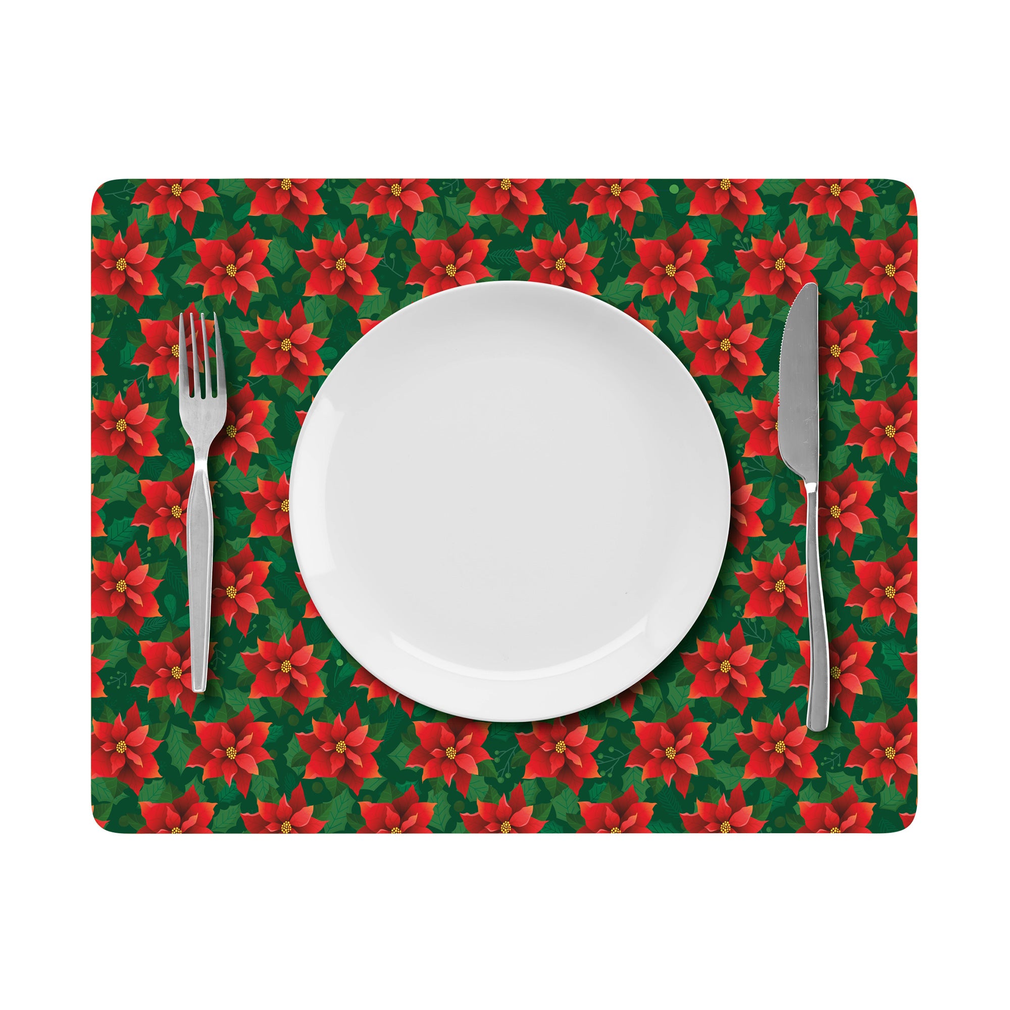 Foil Printed Christmas Placemat & Coaster Set - W12 x H15 inches,W4 x H4 inches, Poinsettia, 6pc
