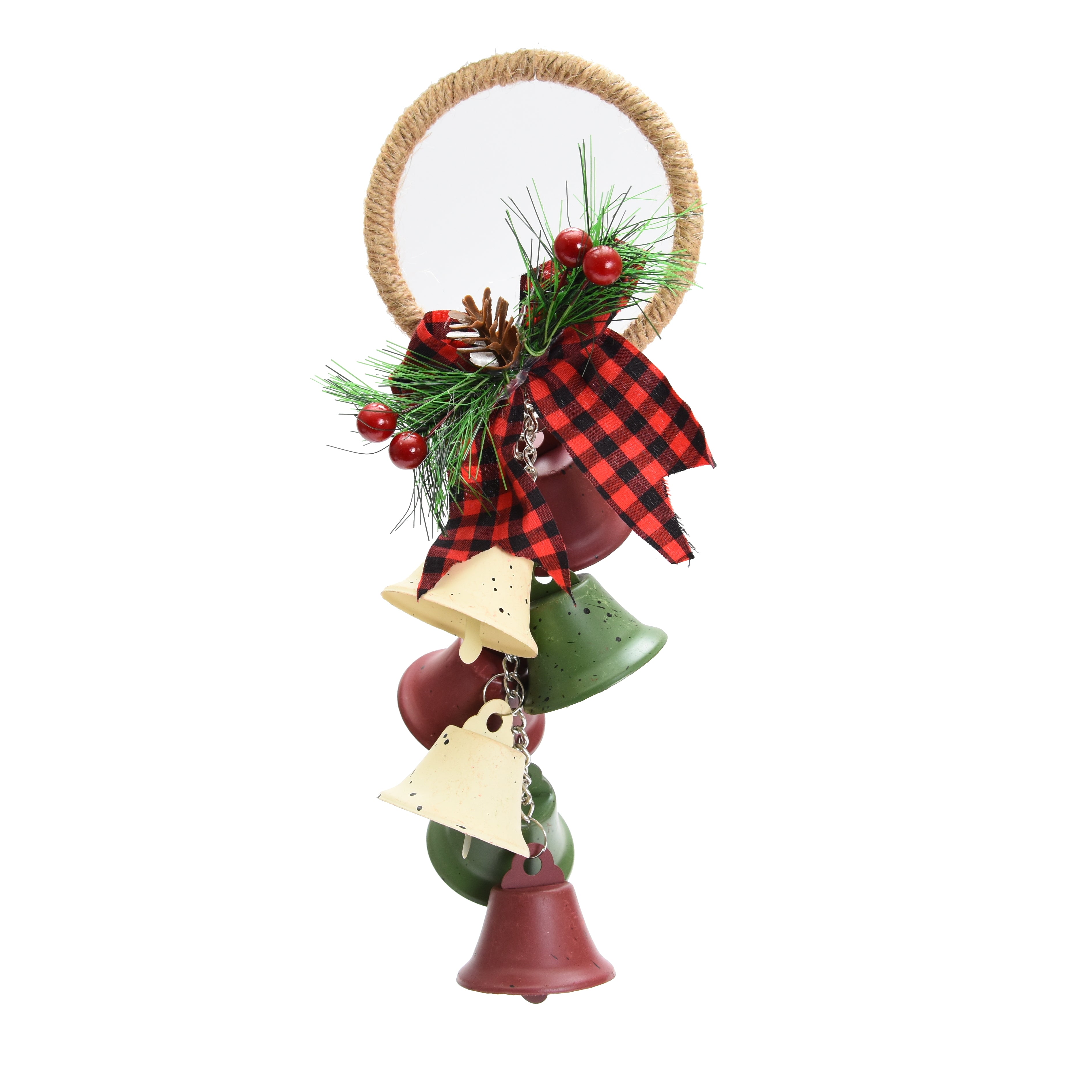 Rustic Hanging Jingle Bell - Red, White and Green, 23cm