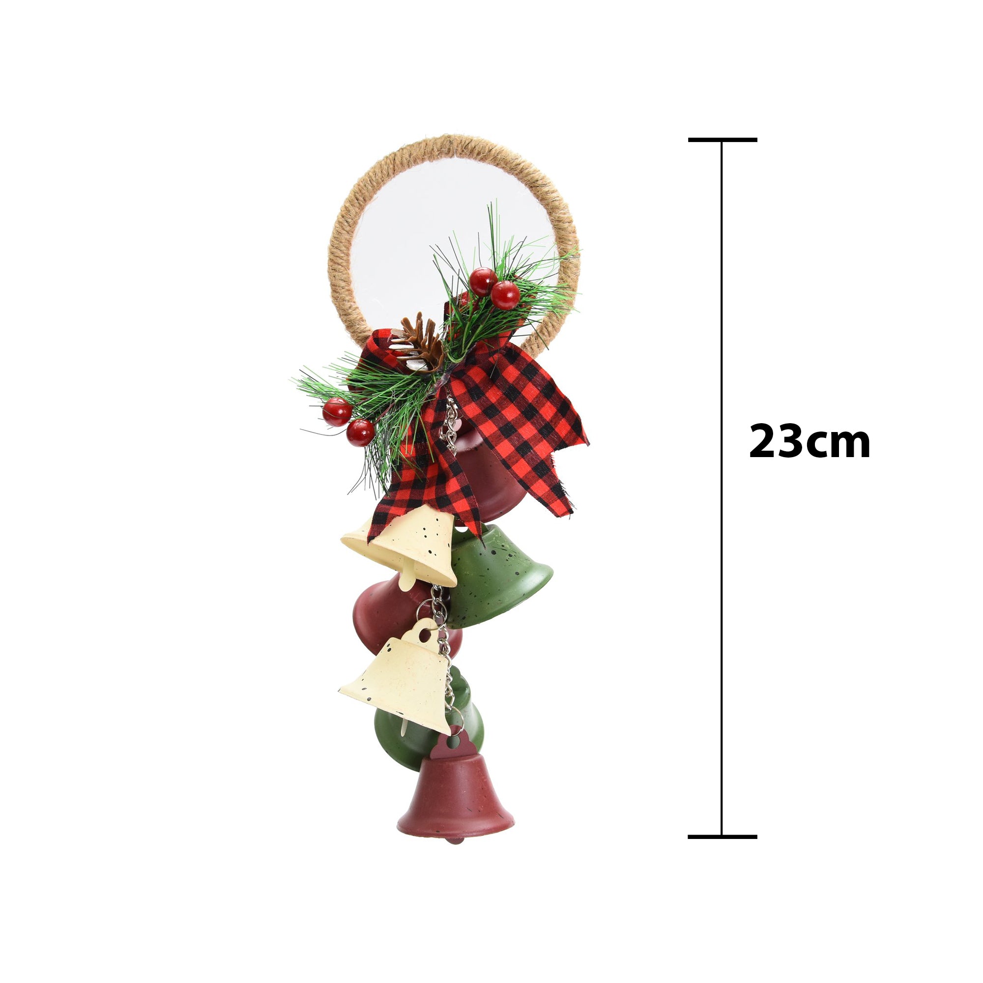 Rustic Hanging Jingle Bell - Red, White and Green, 23cm