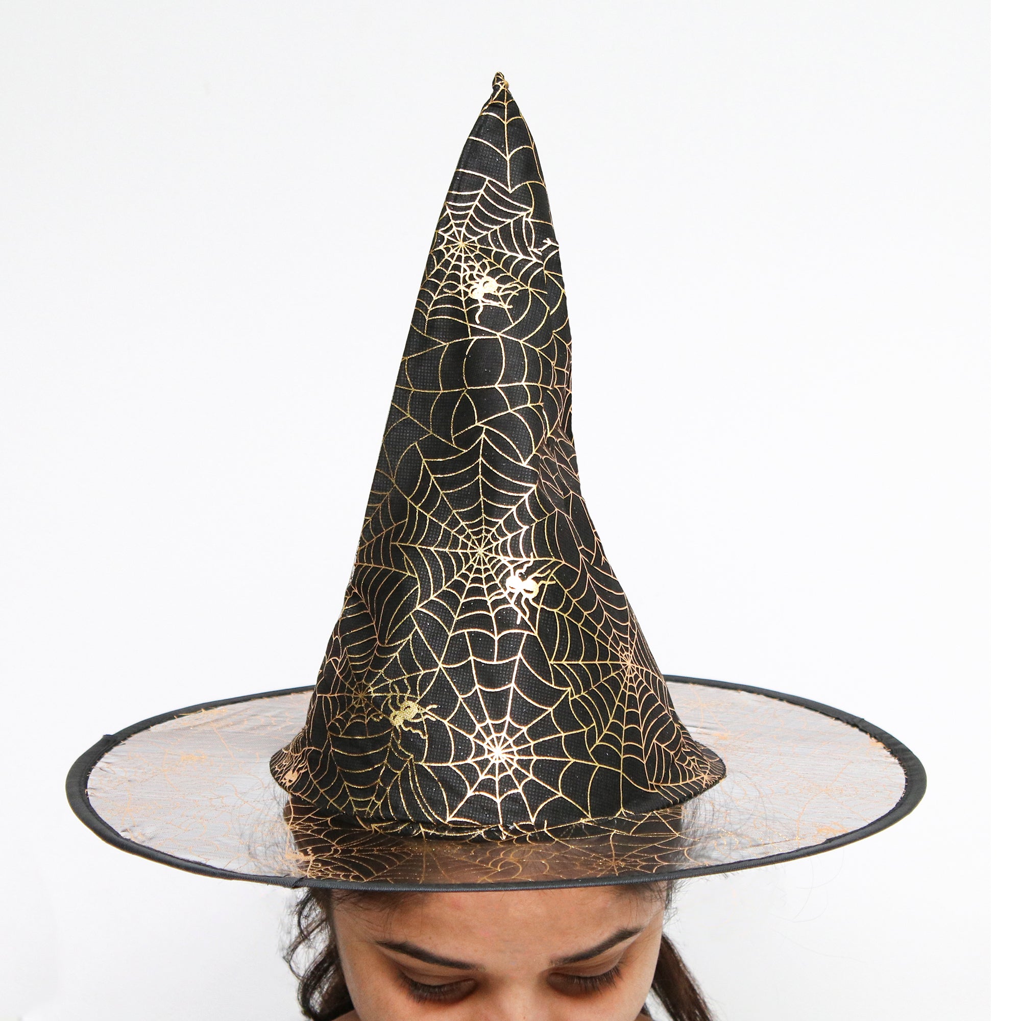 Basic Witch Black Hat With Spider Web Gold Print