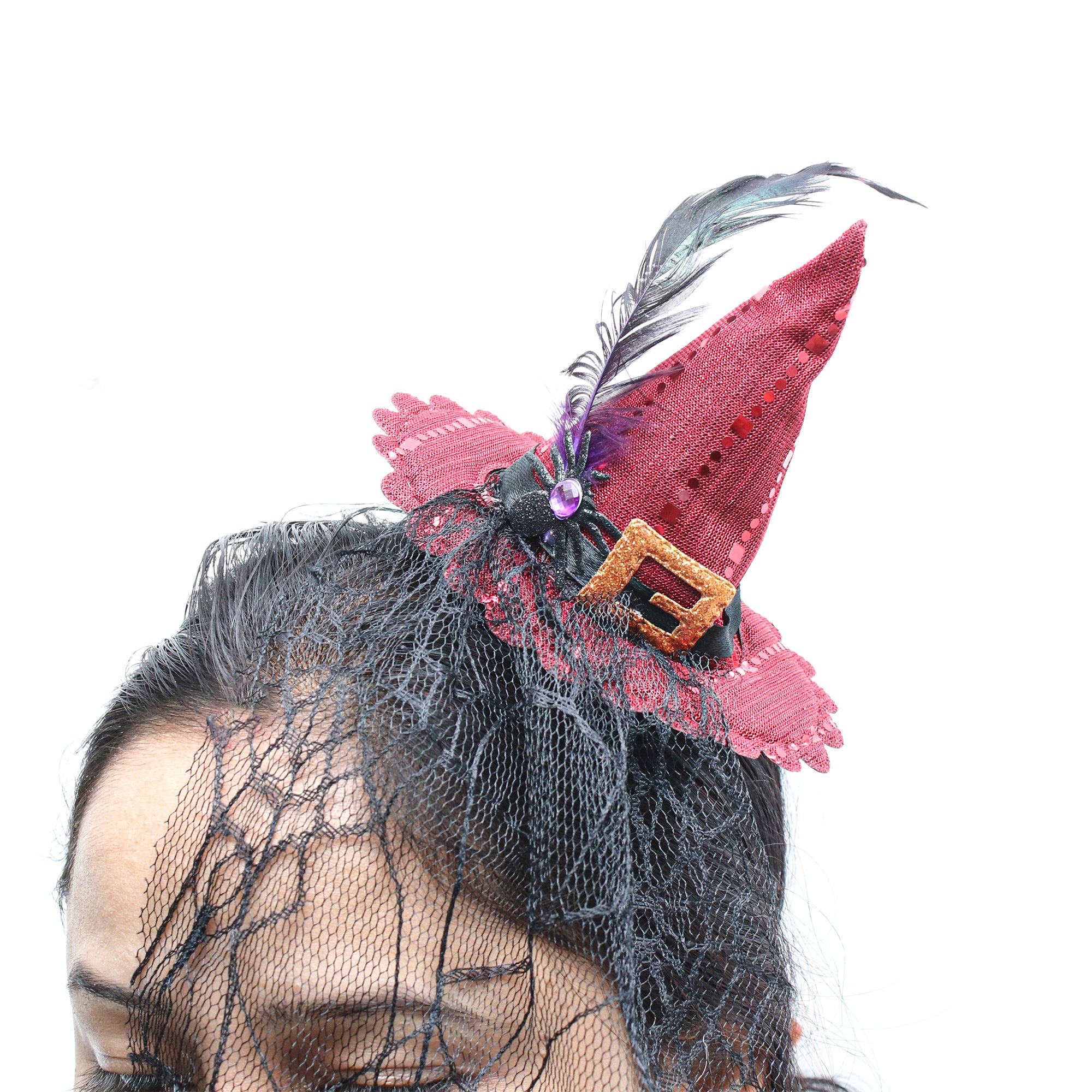 Mini Witch Hat With Veil Hair Clips Red