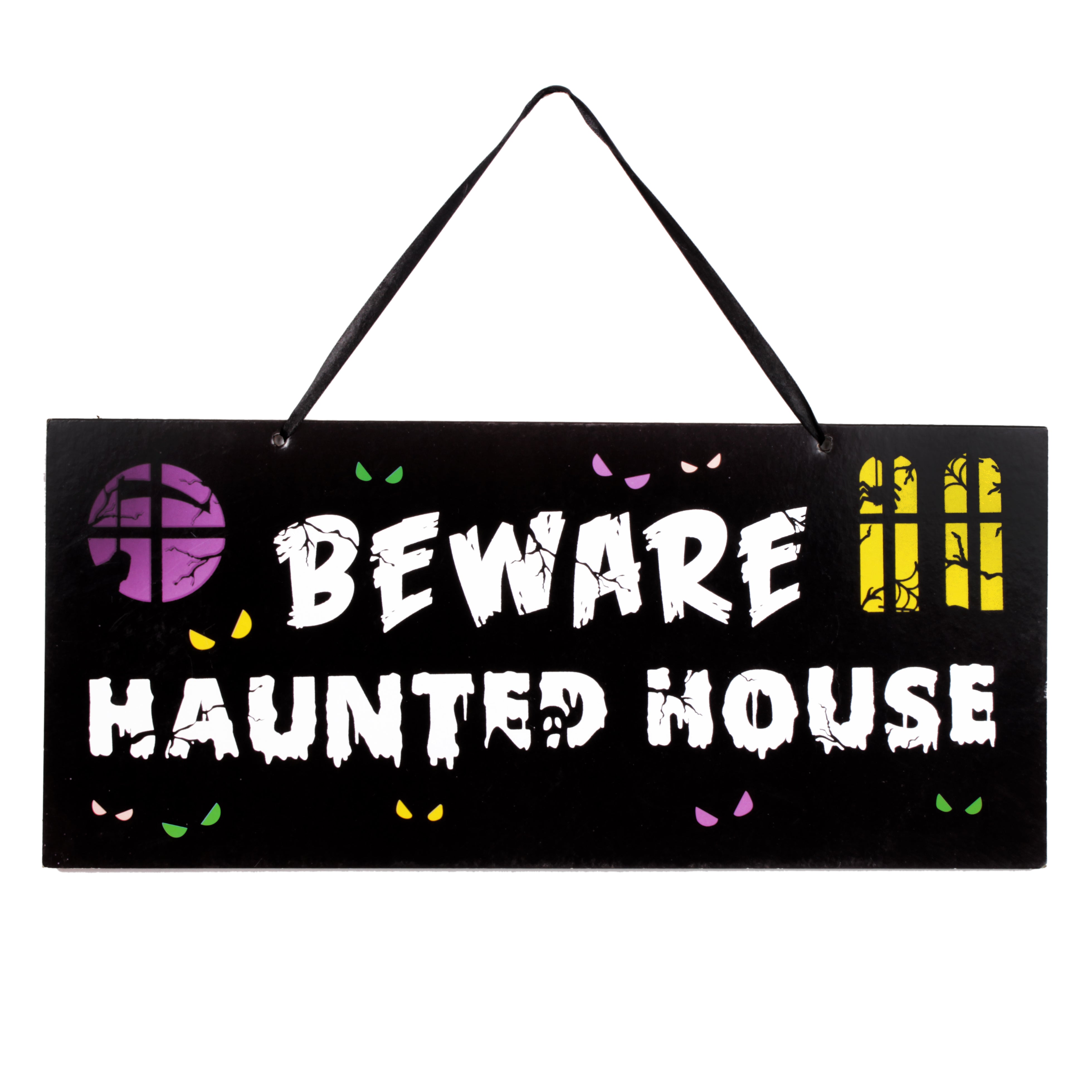 Warning Sign - Beware Haunted House - Hanging Sign Board 45cm x 20cm
