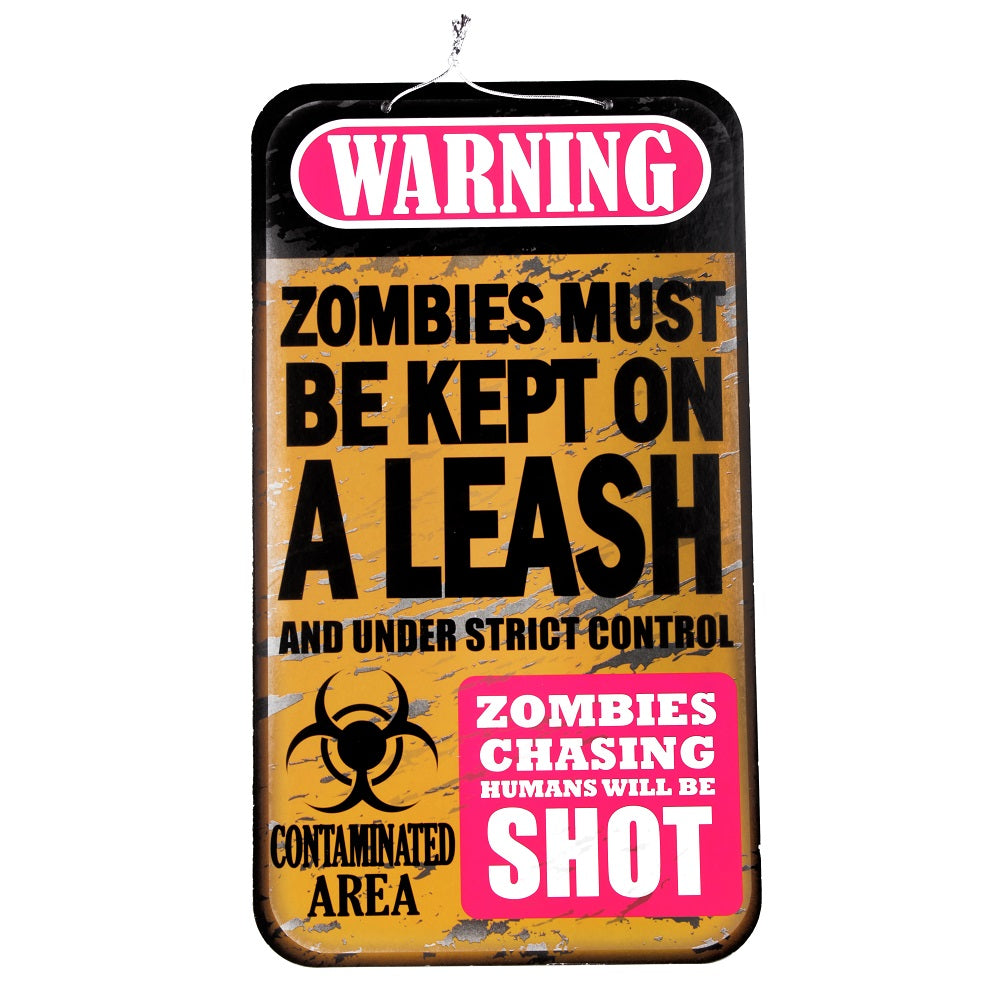 Warning Sign - Zombies Chasing Humans will be Shot - Hanging Sign Board 23 x 40cm