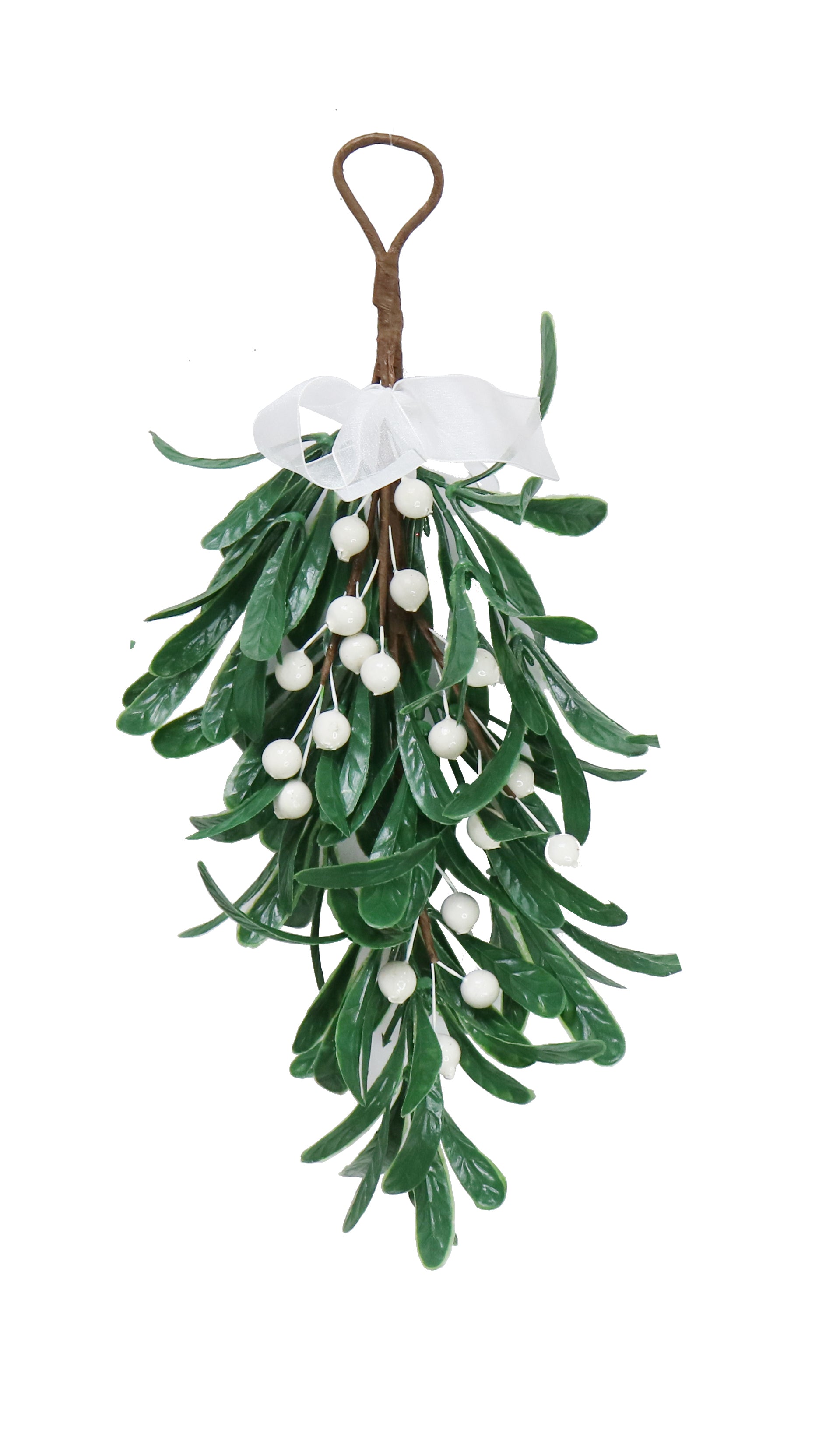 Christmas Hanging Decoration - Mistletoe With White Berries and White Bow, 35cm, 1pc