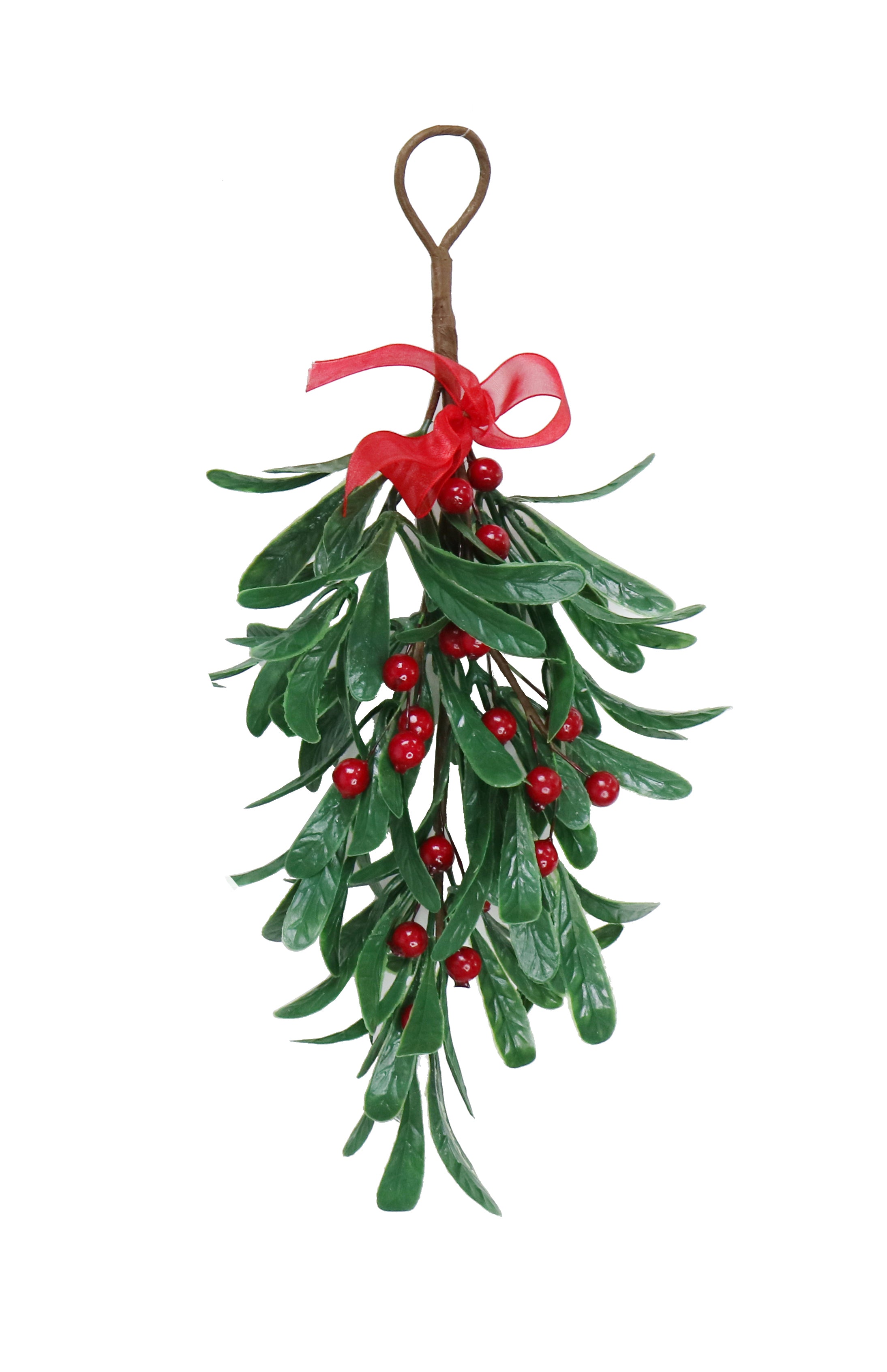 Christmas Hanging Decoration - Mistletoe With Red Berries and Red Bow, 35cm, 1pc