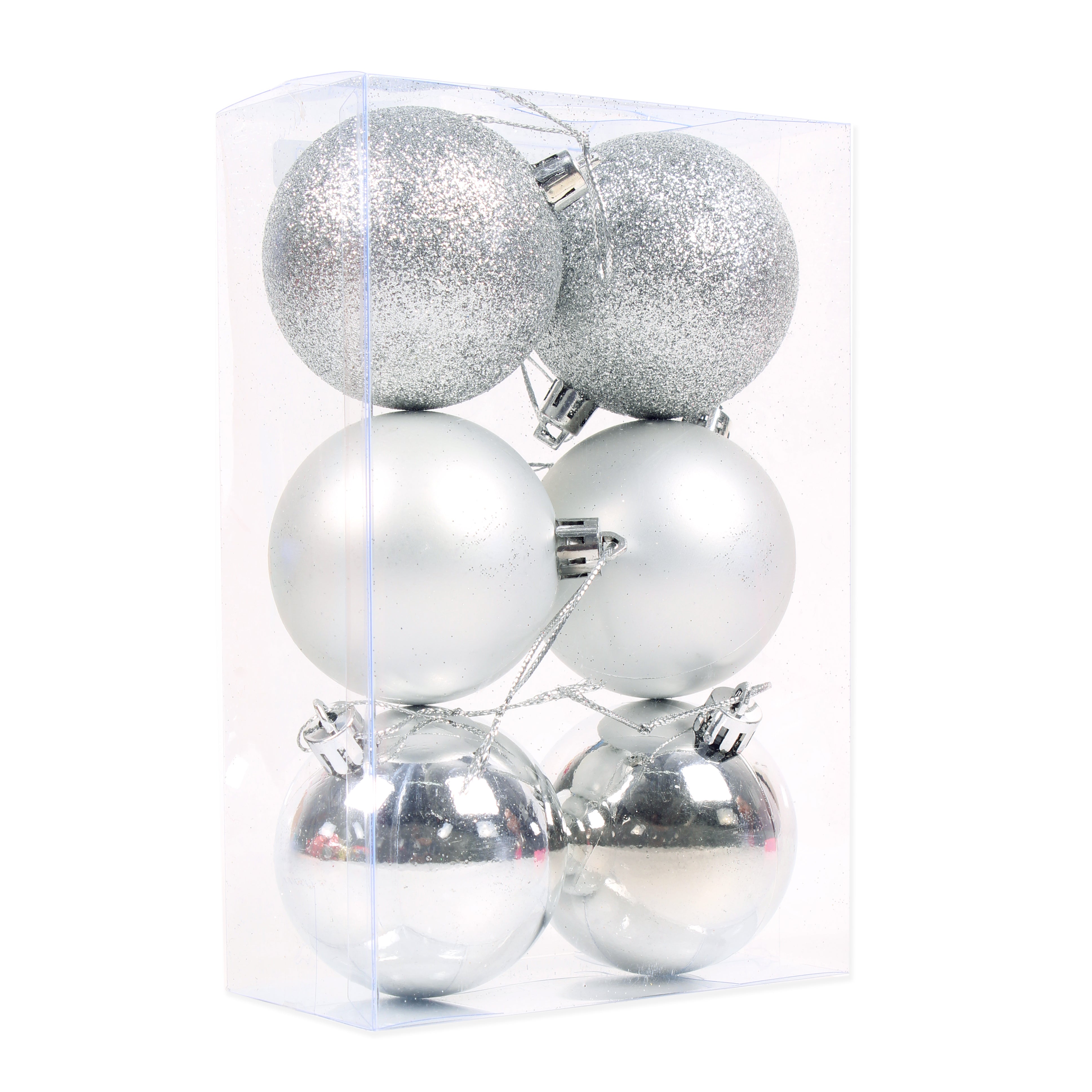 Christmas Tree Decoration Baubles Silver(Matte, Glossy & Glitter) 6pc Acetate